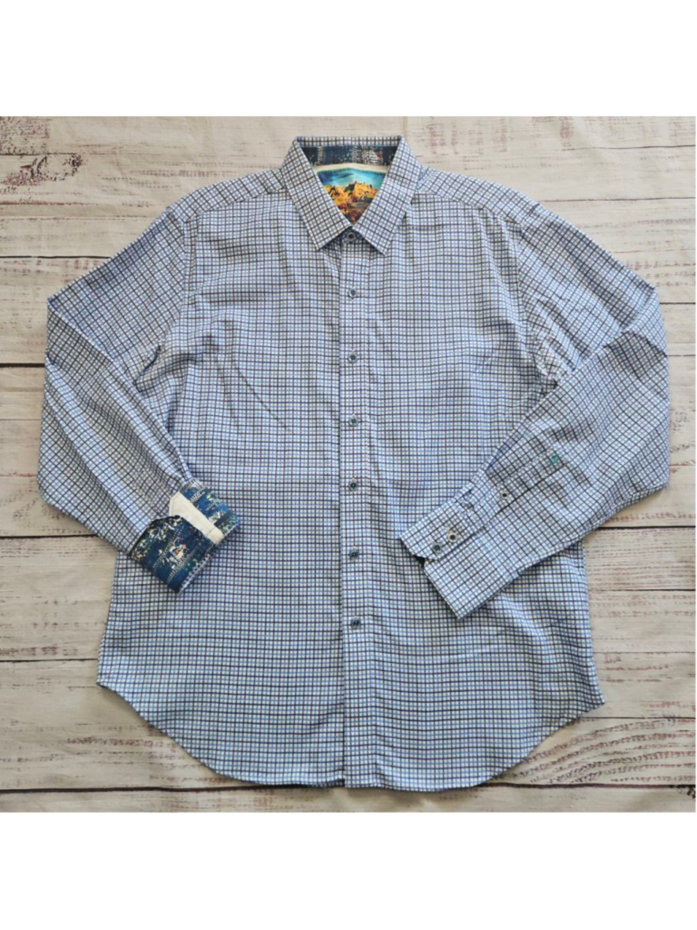 Robert Graham Blue White Micro Plaid Long Sleeve Flip Cuff Dress Shirt Large